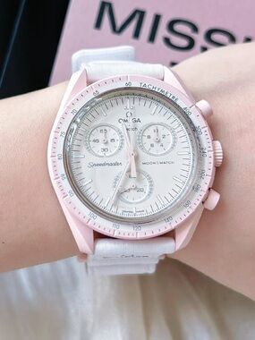 Swatch Pink and White Speedmaster-Style Chronograph Ring